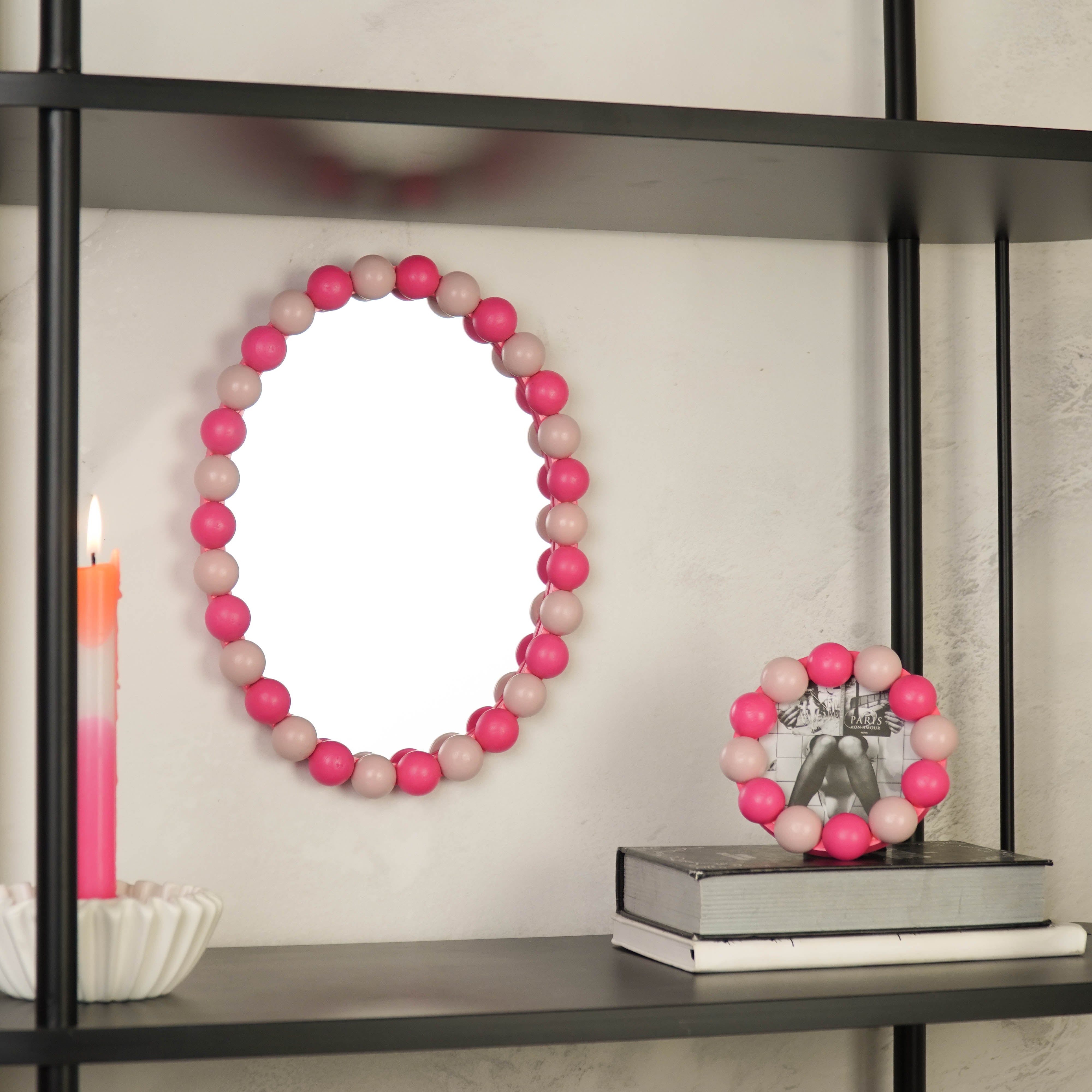 Fotolijst - Rond met Bolletjes Rand - MDF - Licht Roze/ Neon Roze - 14.5x14.5cm