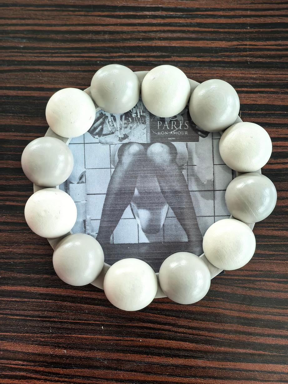 Fotolijst - Rond met Bolletjes Rand - MDF - Zand/ Taupe -14.5x14.5cm