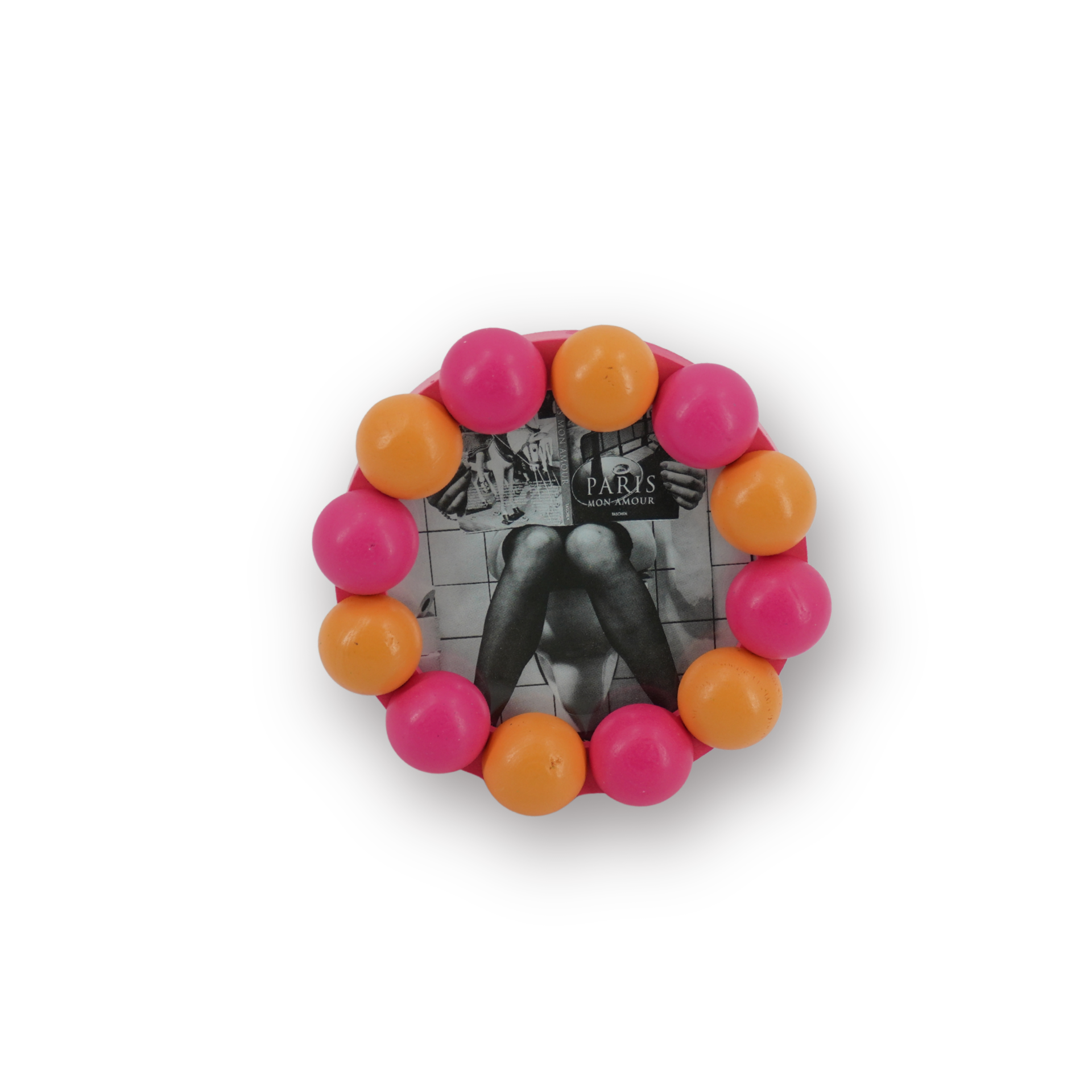 Fotolijst - Rond met Bolletjes Rand - MDF - Oranje/ Neon Roze - 14.5x14.5cm