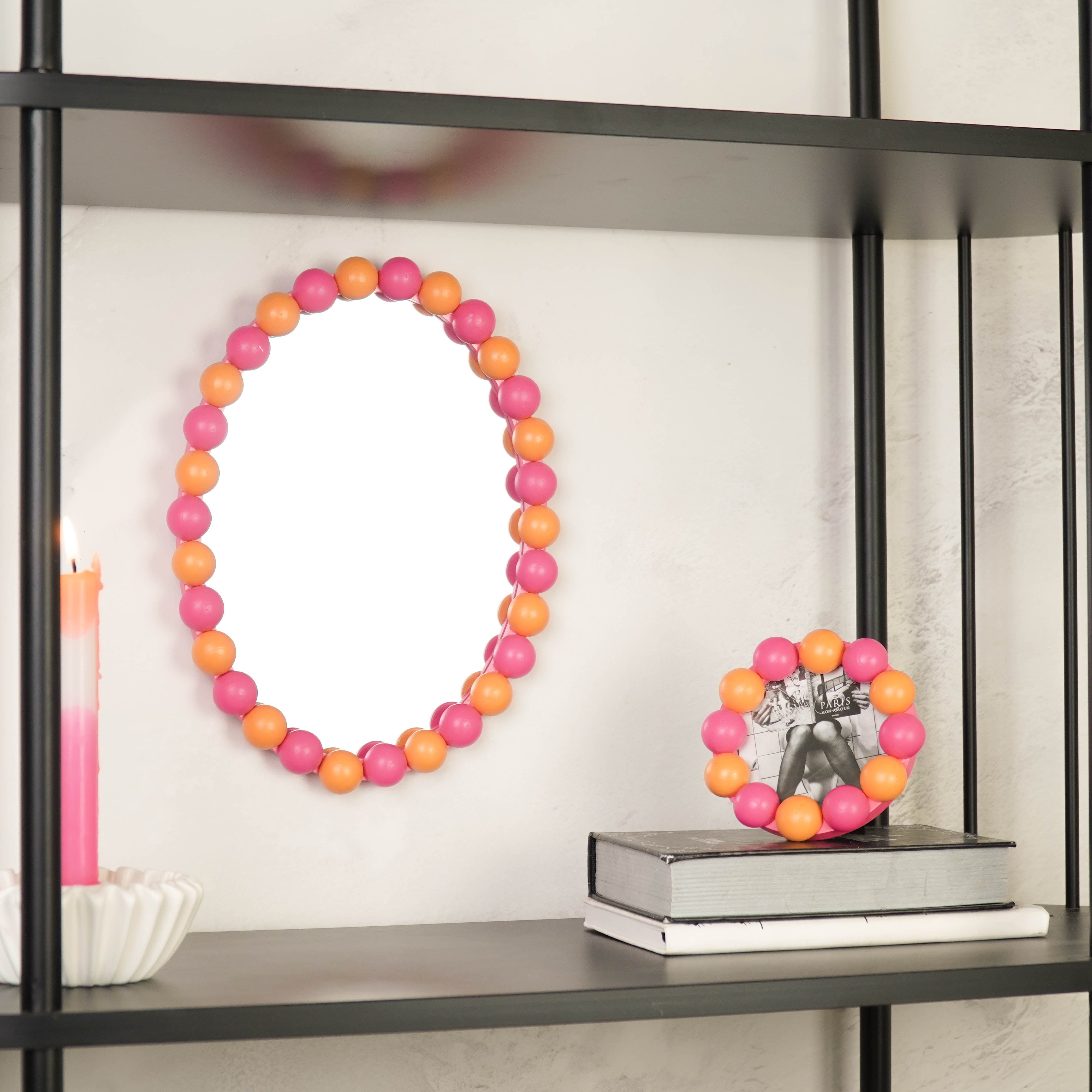 Fotolijst - Rond met Bolletjes Rand - MDF - Oranje/ Neon Roze - 14.5x14.5cm