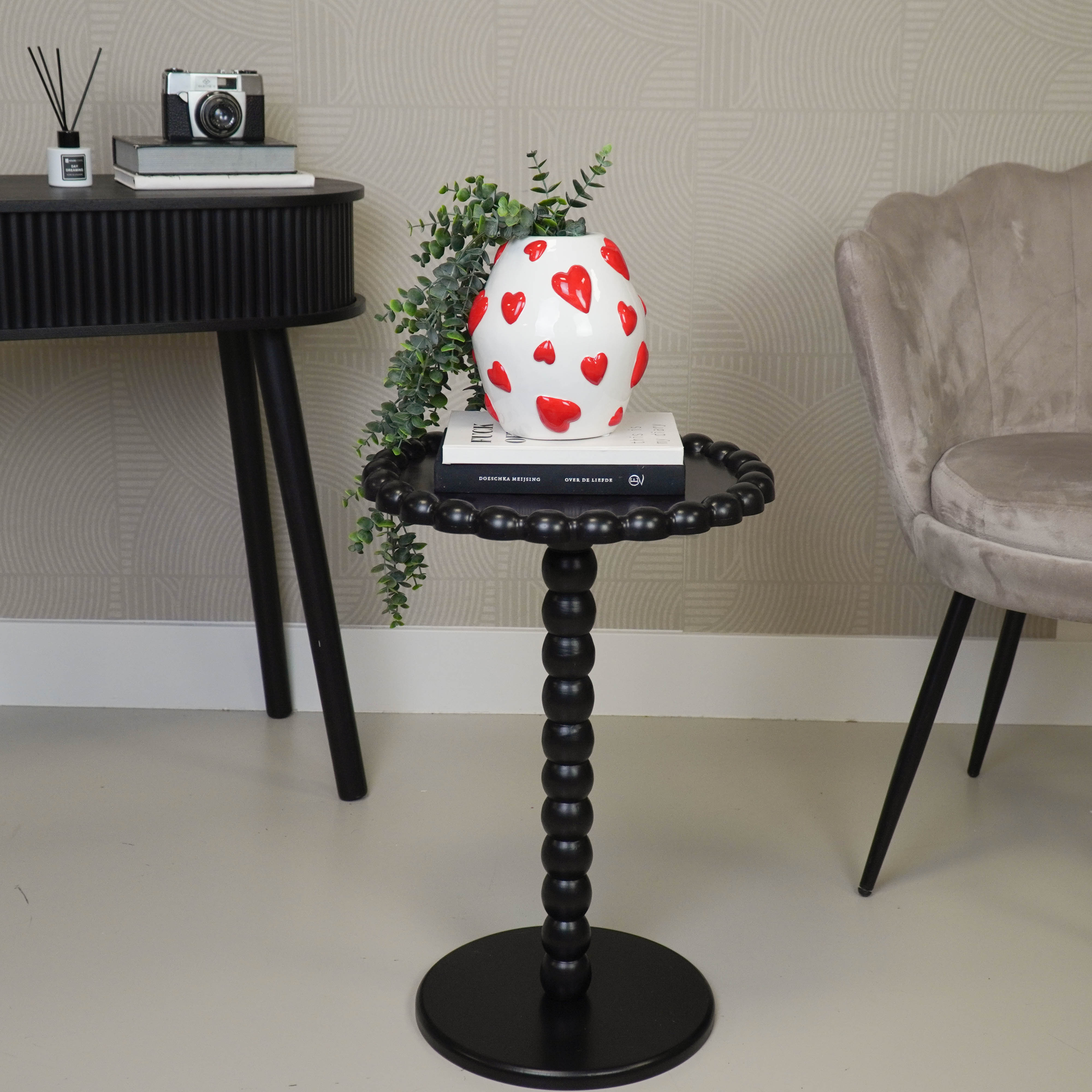 Bijzettafel - Ronde Bijzettafel met Bolletjes Rand en Poot - MDF - Zwart - 38X55cm