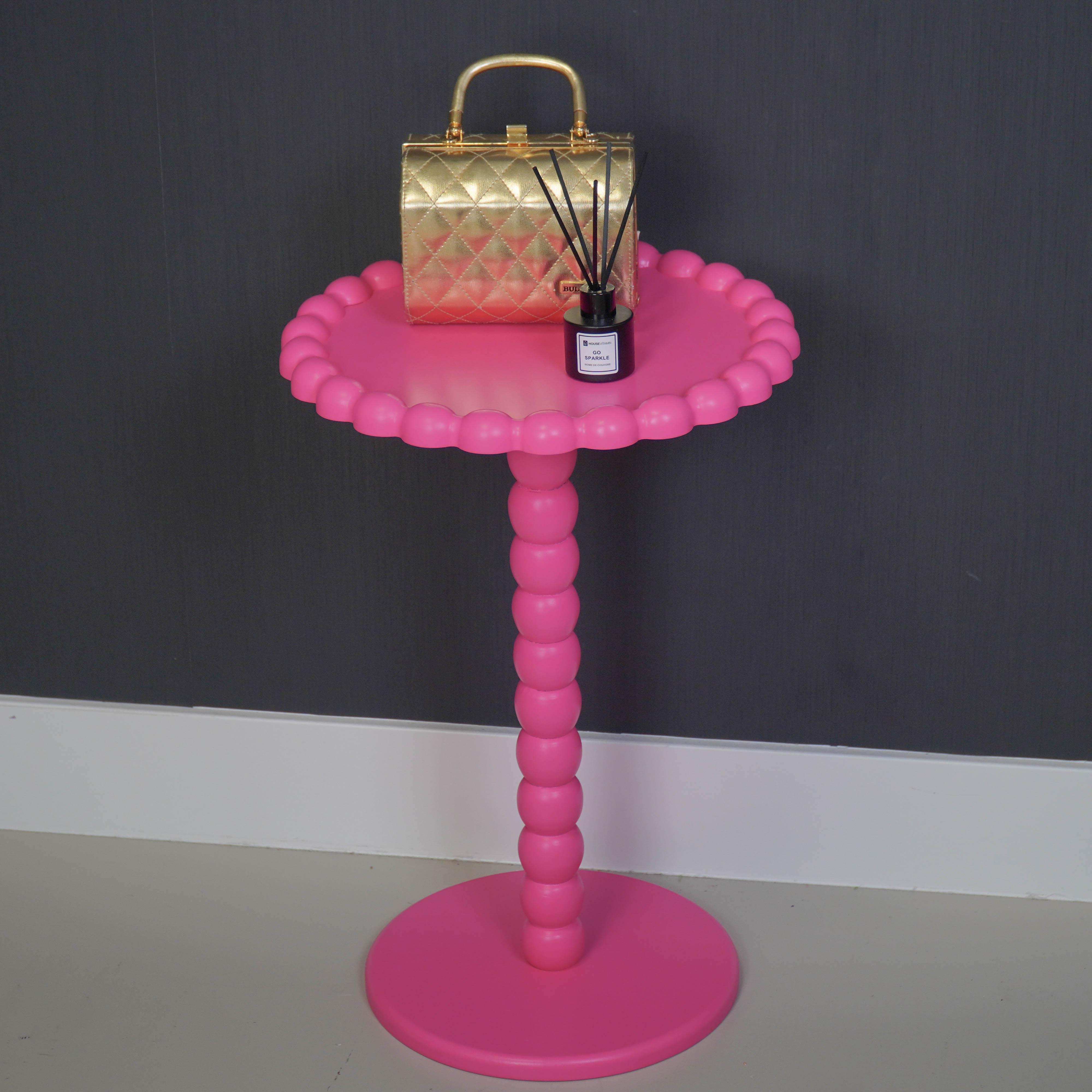 Bijzettafel- Ronde Bijzettafel met Bolletjes Rand en Poot - MDF - Fluor Roze - 38X55cm