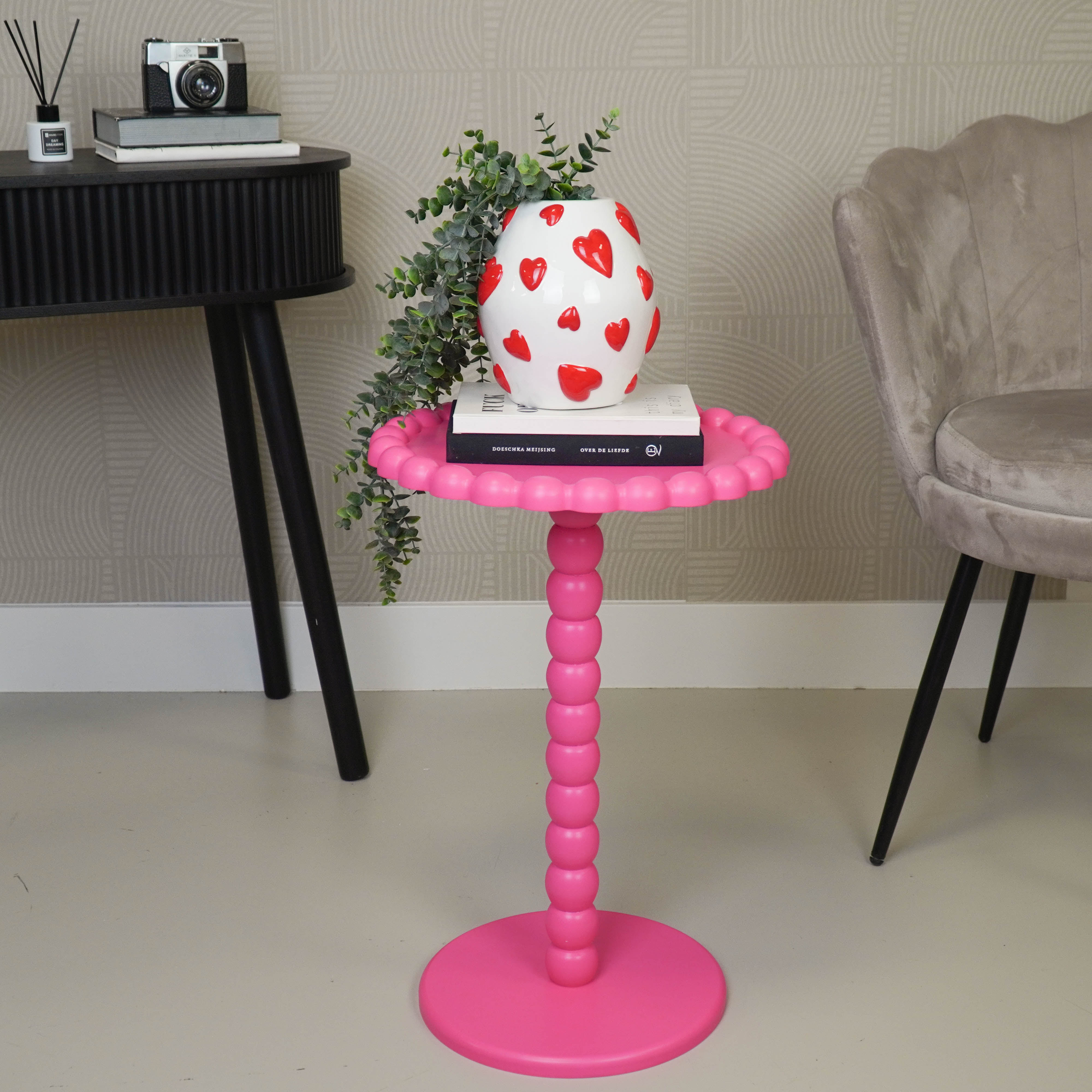 Bijzettafel- Ronde Bijzettafel met Bolletjes Rand en Poot - MDF - Fluor Roze - 38X55cm