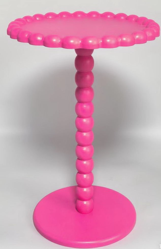 Bijzettafel- Ronde Bijzettafel met Bolletjes Rand en Poot - MDF - Fluor Roze - 38X55cm