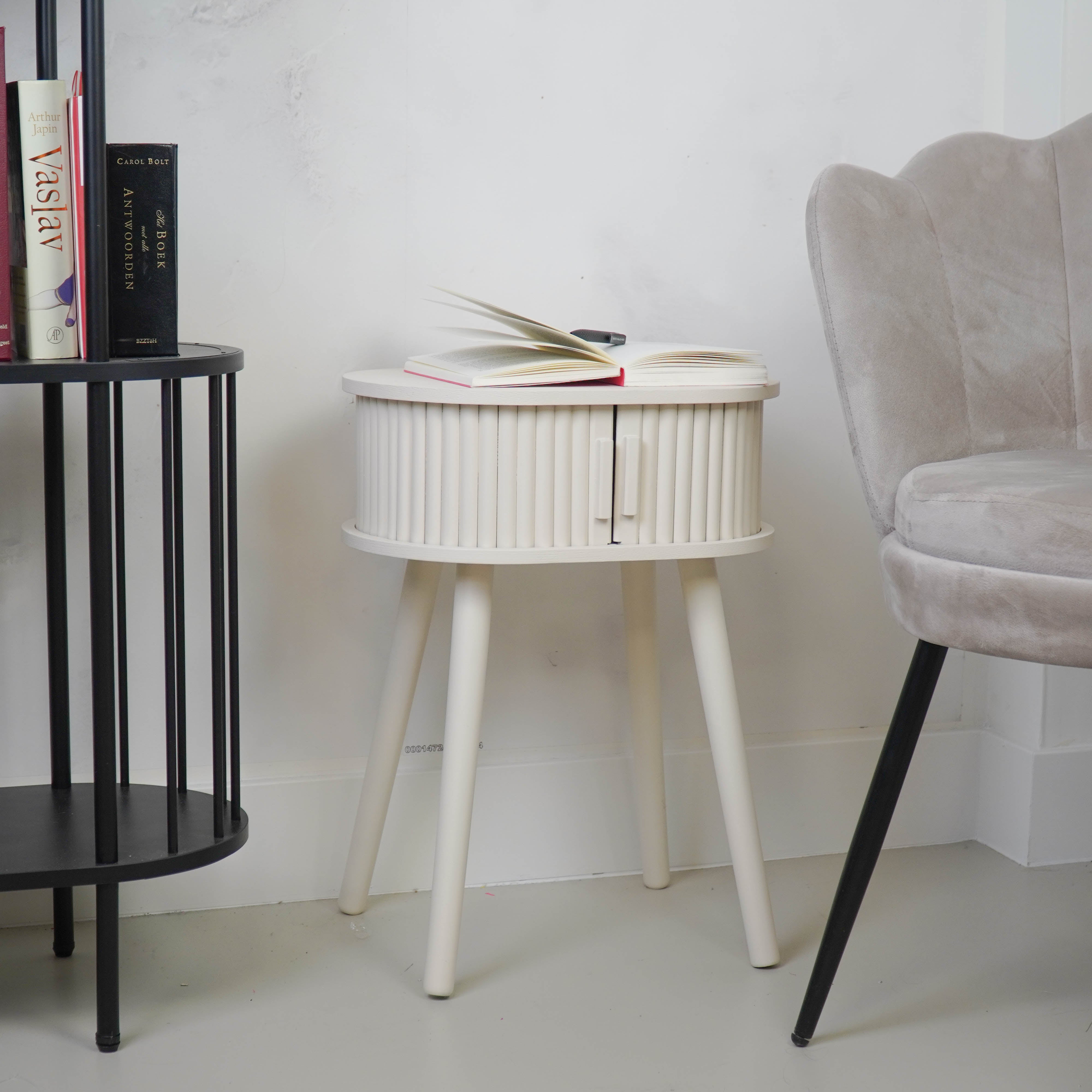 Bijzettafel - Nachtkastje met Schuifdeur van Latten - Zand/Beige - 40x30x53cm