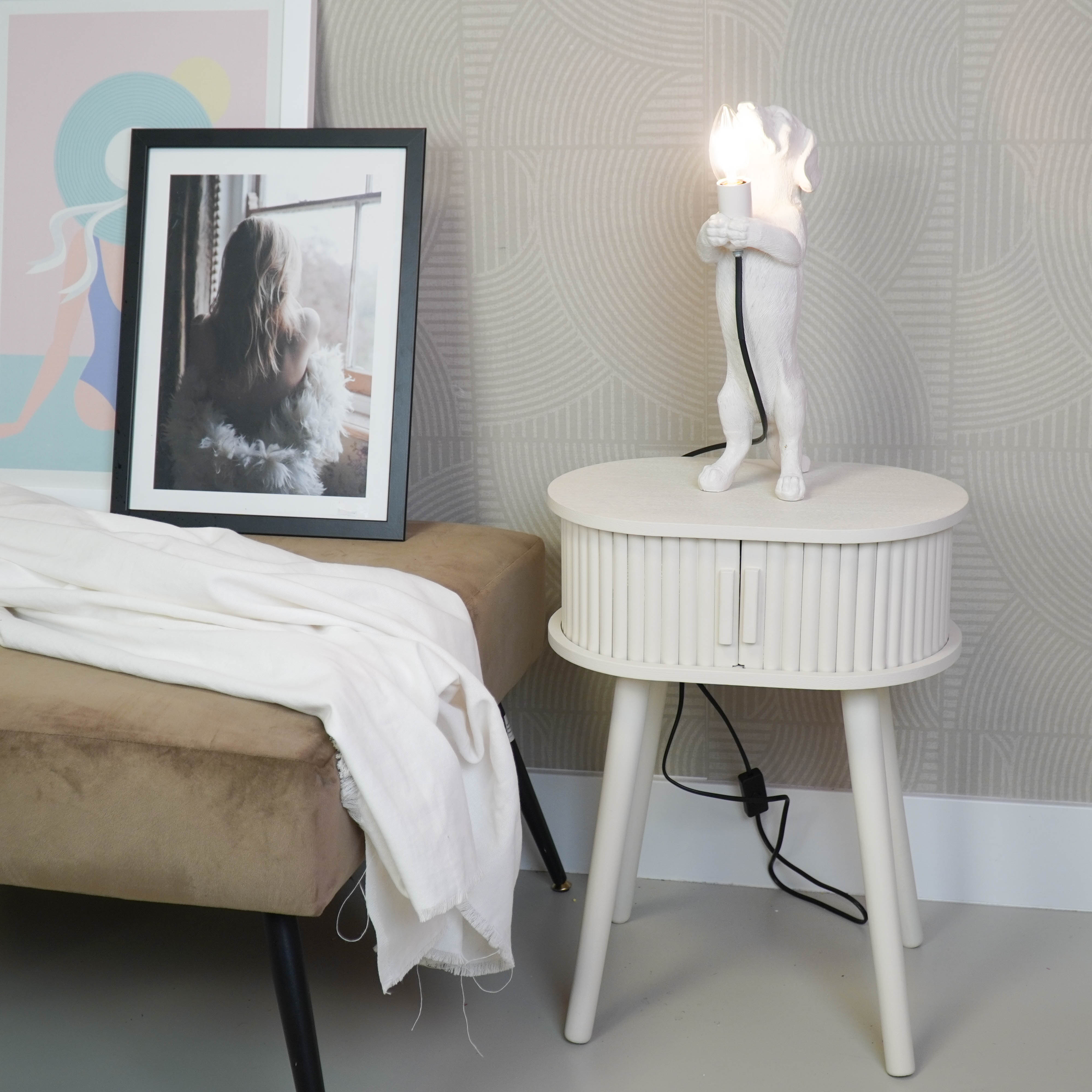 Bijzettafel - Nachtkastje met Schuifdeur van Latten - Zand/Beige - 40x30x53cm