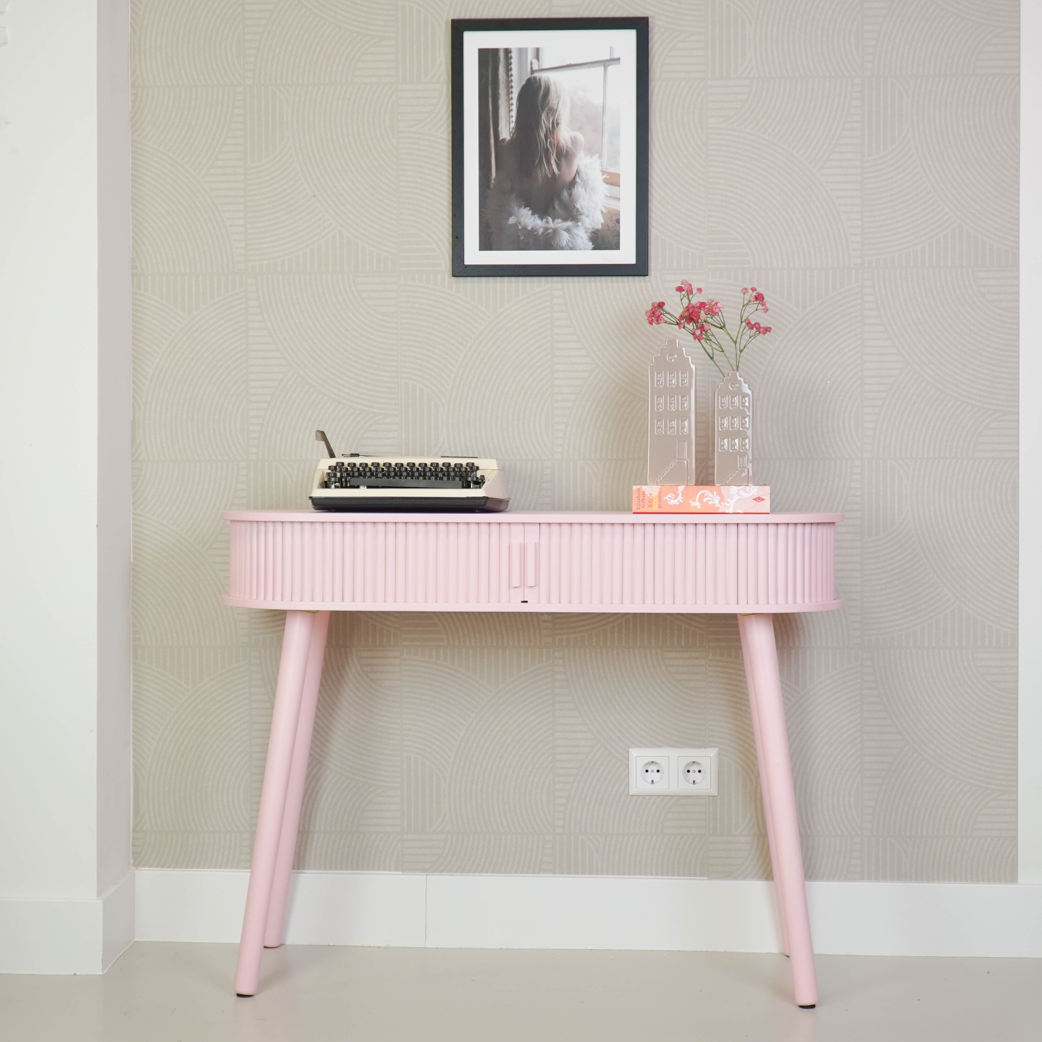 Dressoir - Met Schuifdeur van Latten - Lichtroze - 100x33x76cm