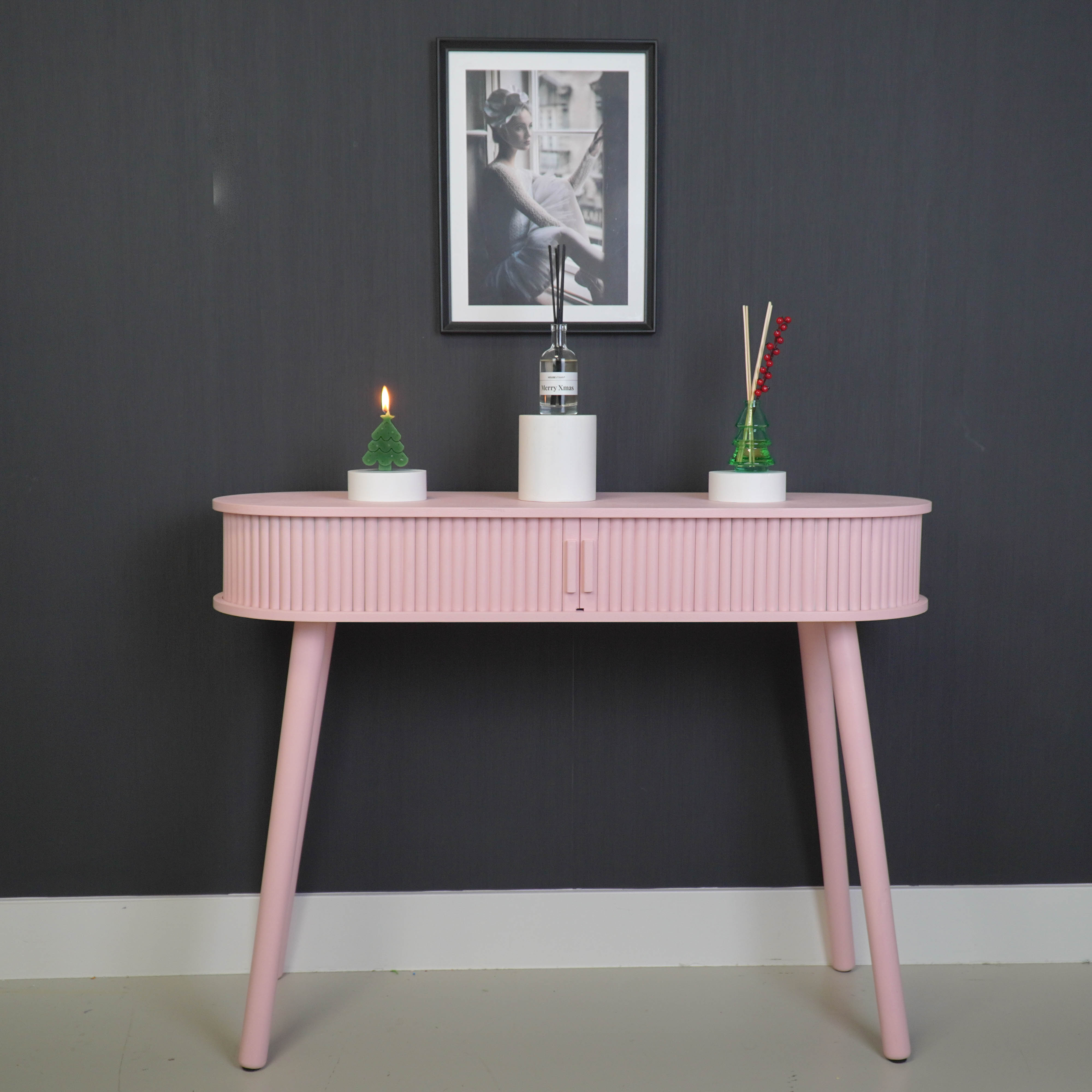 Dressoir - Met Schuifdeur van Latten - Lichtroze - 100x33x76cm