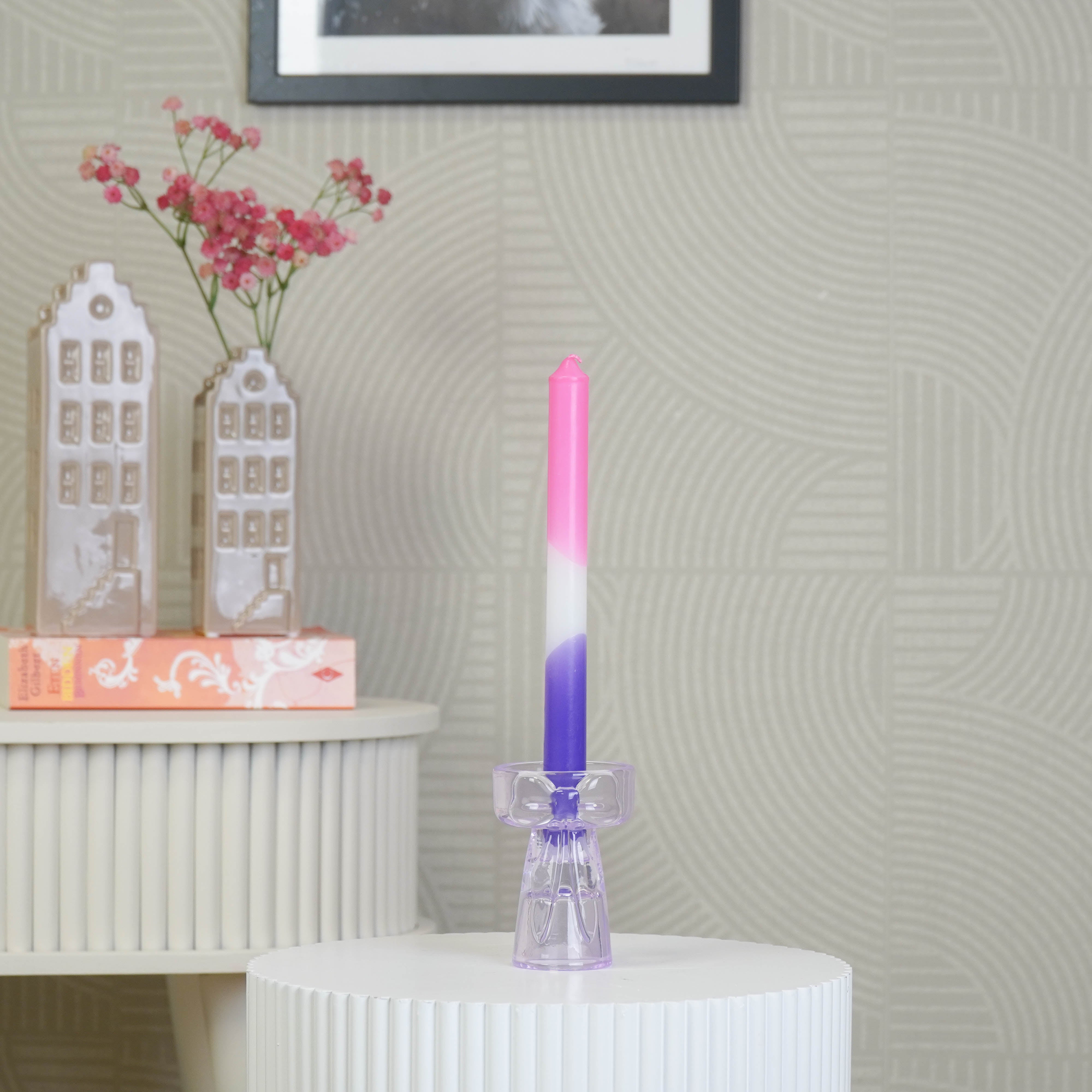 Kaarshouder - Kandelaar en Waxinelichthouder Strik - Glas - Lila - 7,5x9,5 cm