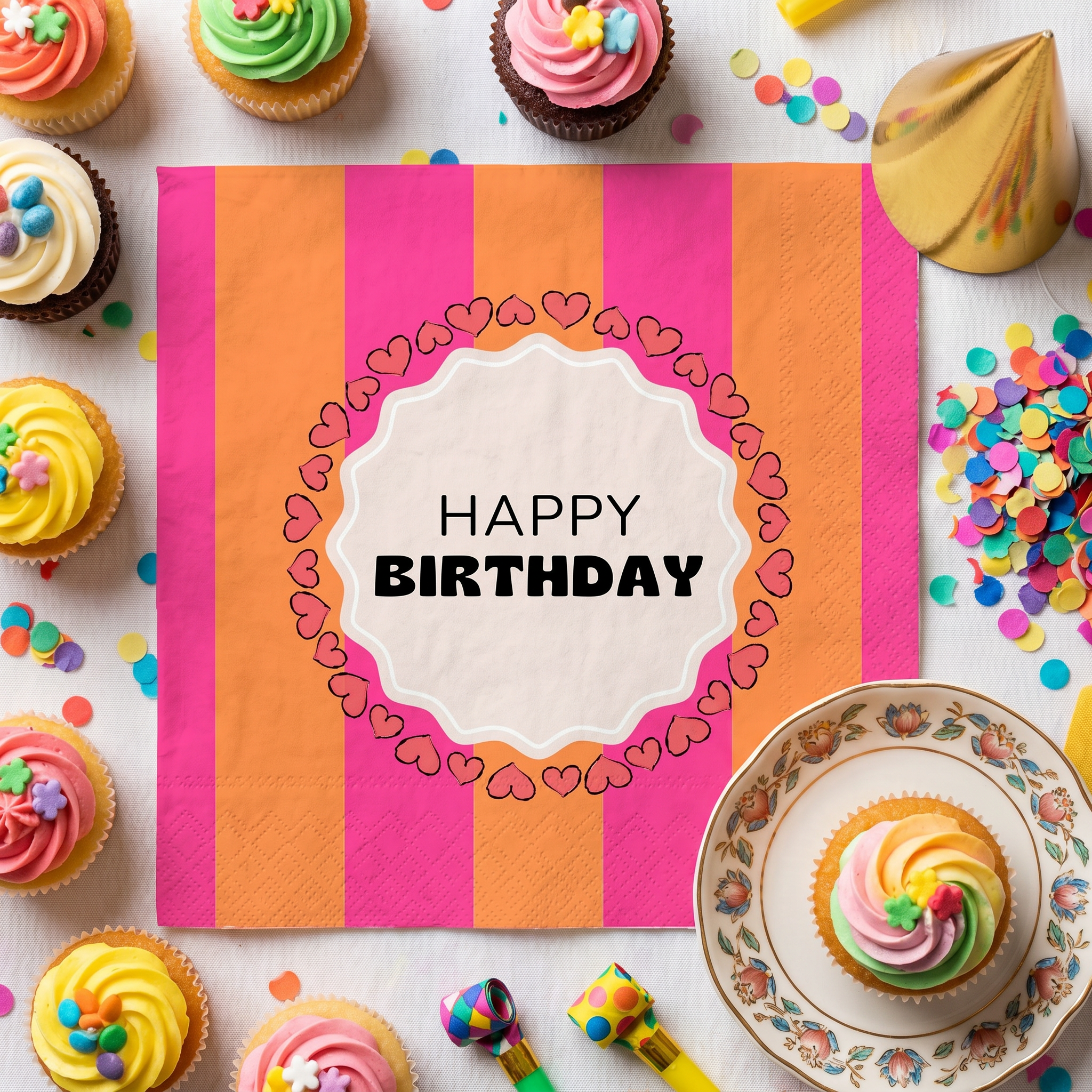 Papieren Servetten - "Happy Birthday" - Roze/Oranje - 3-Laags - FSC - 33x33 cm - 20 Stuks