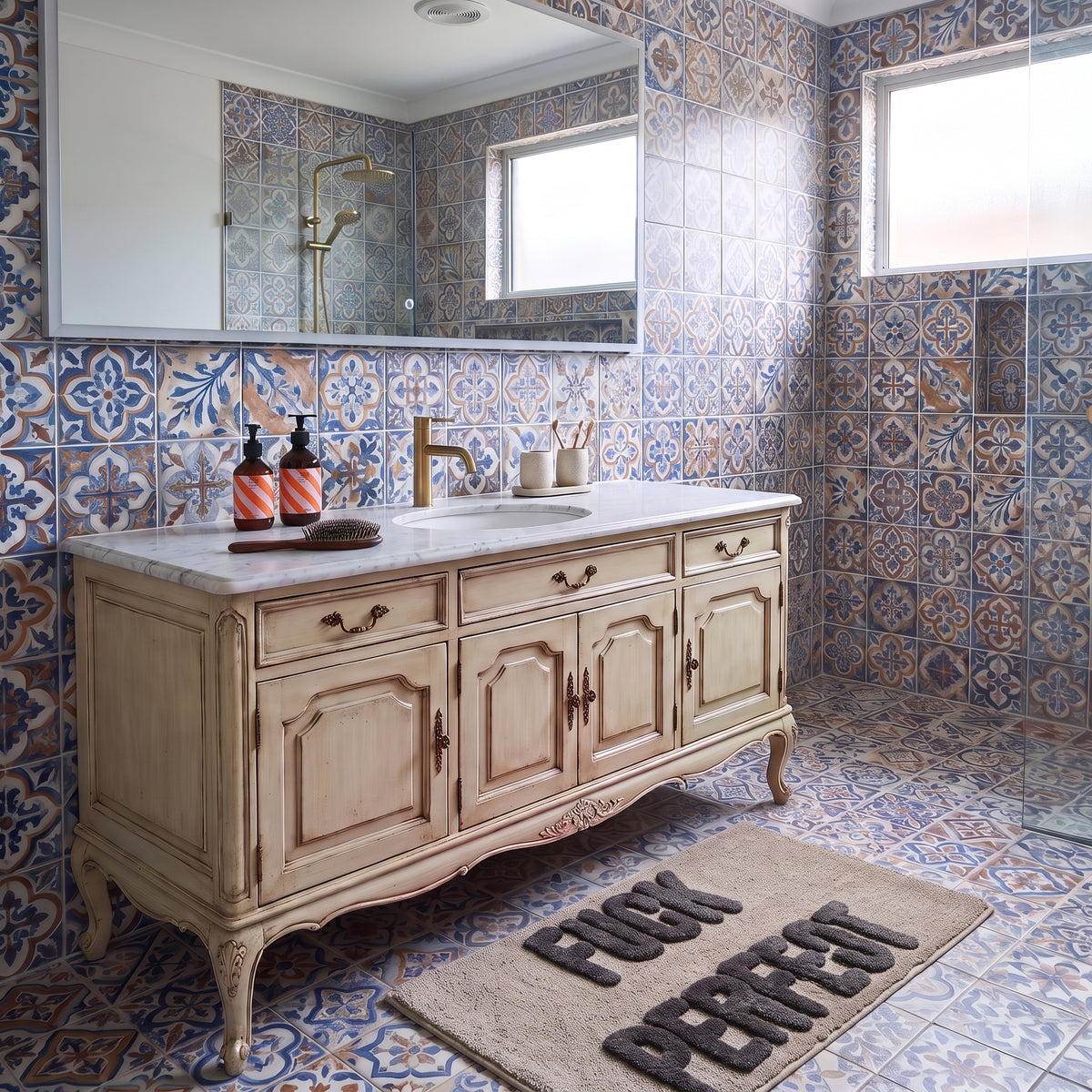 Badmat - Fuck Perfect - Katoen/ Polyester - Beige/Grijs -  80x50x1 cm