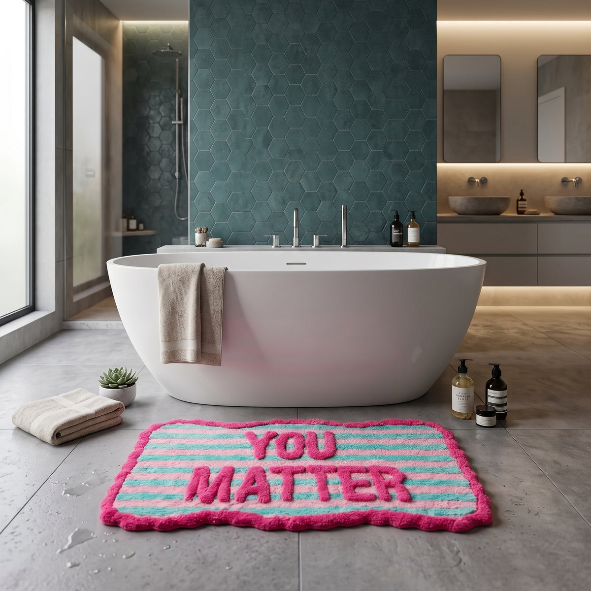 Badmat - You Matter - Katoen/ Polyester - Roze/ Mint-  80x50x1 cm