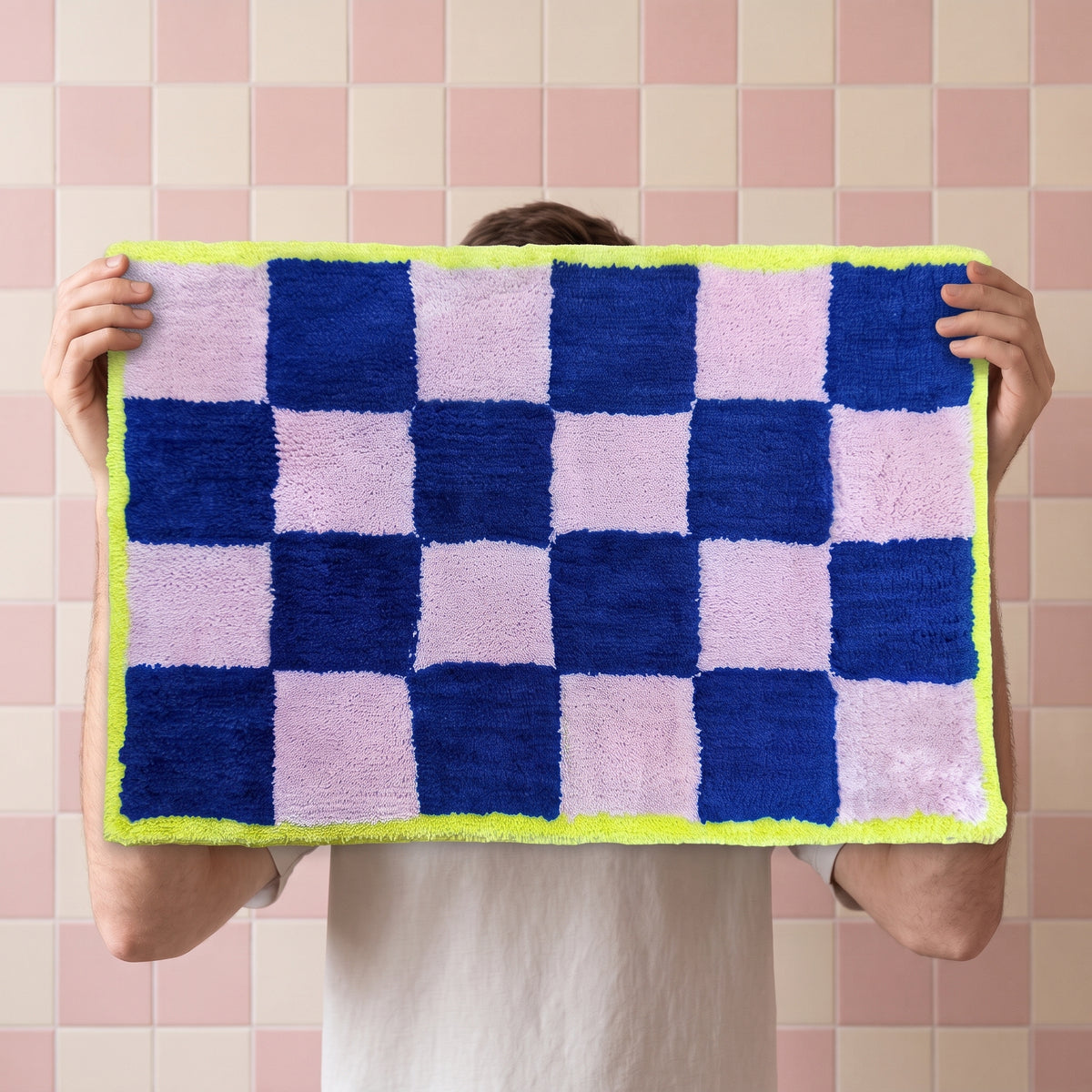 Badmat - Geblokt - Katoen/ Polyester - Roze/ Blauw/ Geel-  80x50x1 cm