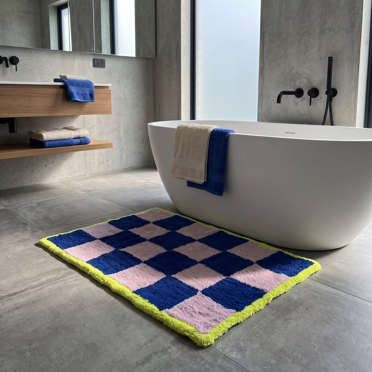 Badmat - Geblokt - Katoen/ Polyester - Roze/ Blauw/ Geel-  80x50x1 cm