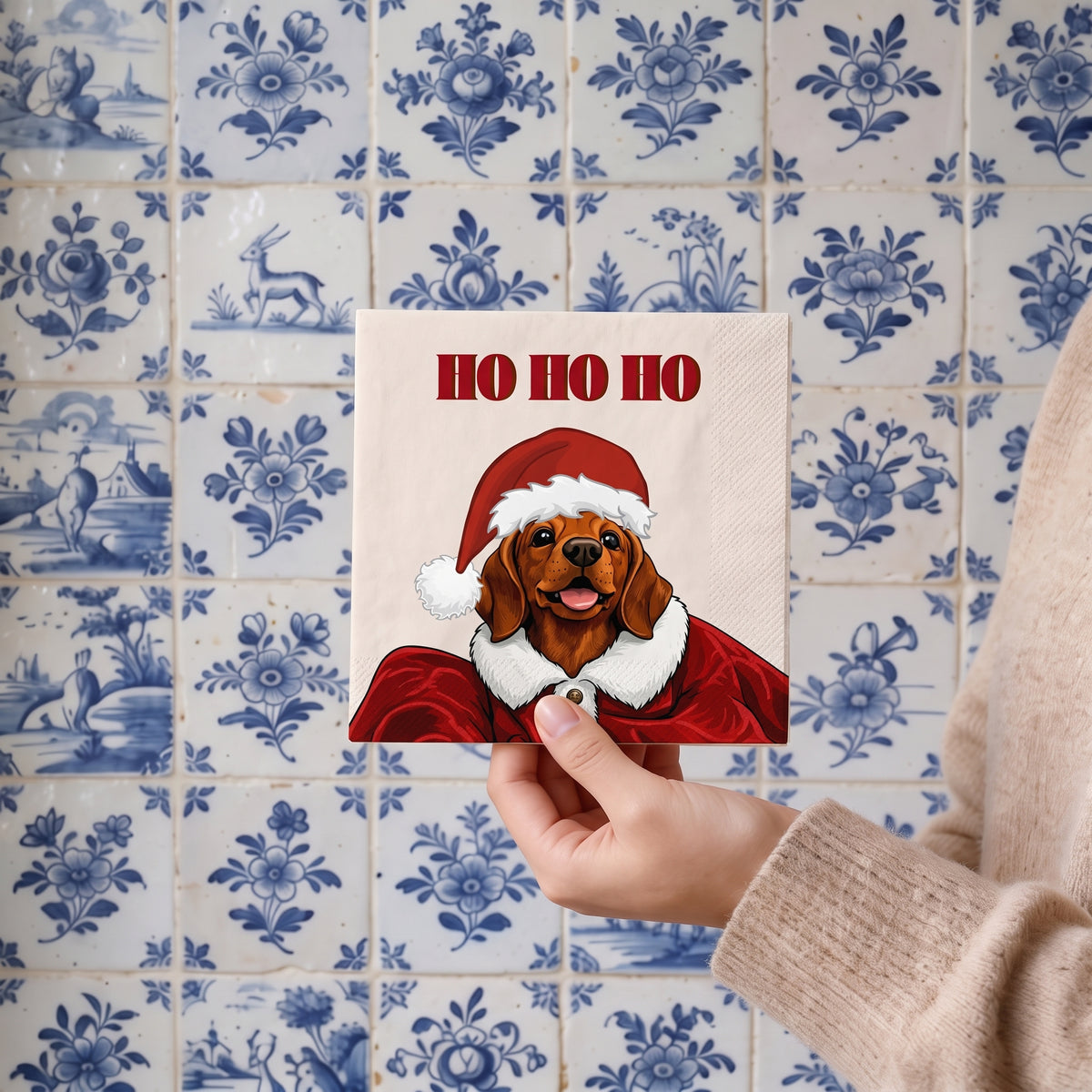 Papieren Servetten - Kerst Servet "Teckel Ho Ho Ho" - Rood/ Zand - 3-Laags - FSC - 33x33 cm - 20 Stuks