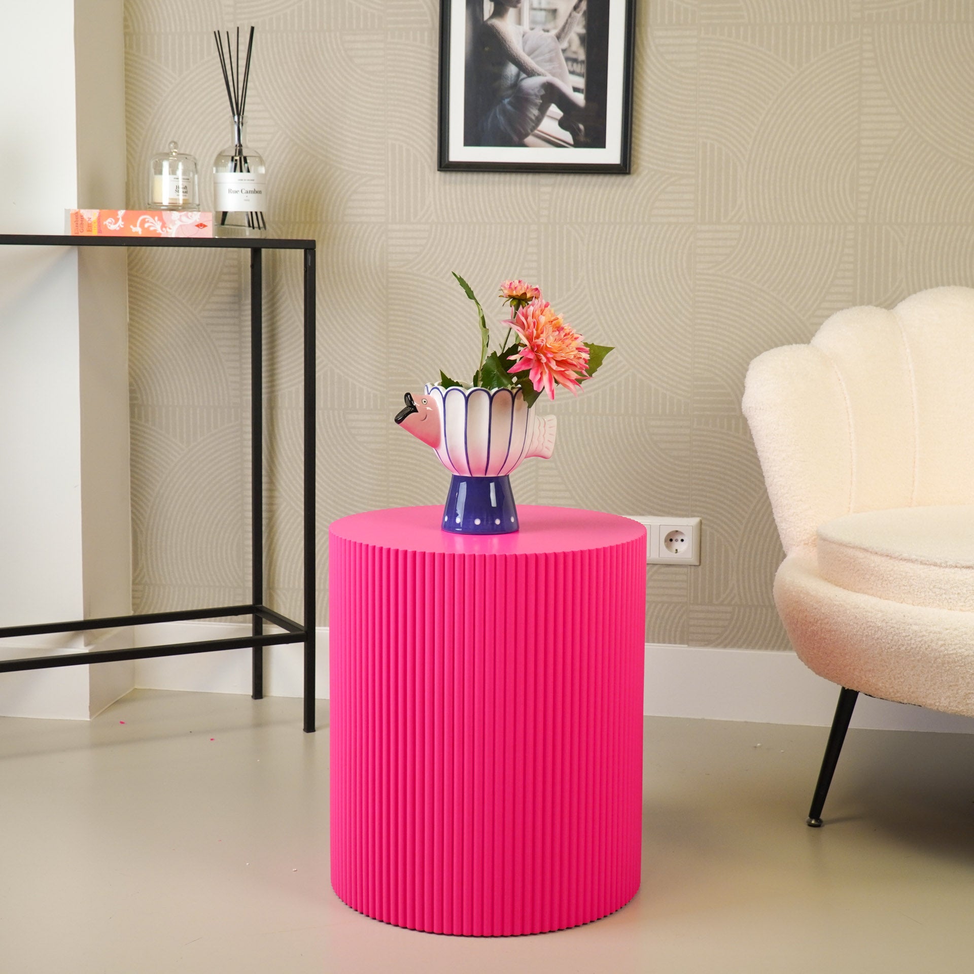 Bijzettafel - Cilinder- MDF - Neon Roze - 39x39x45cm