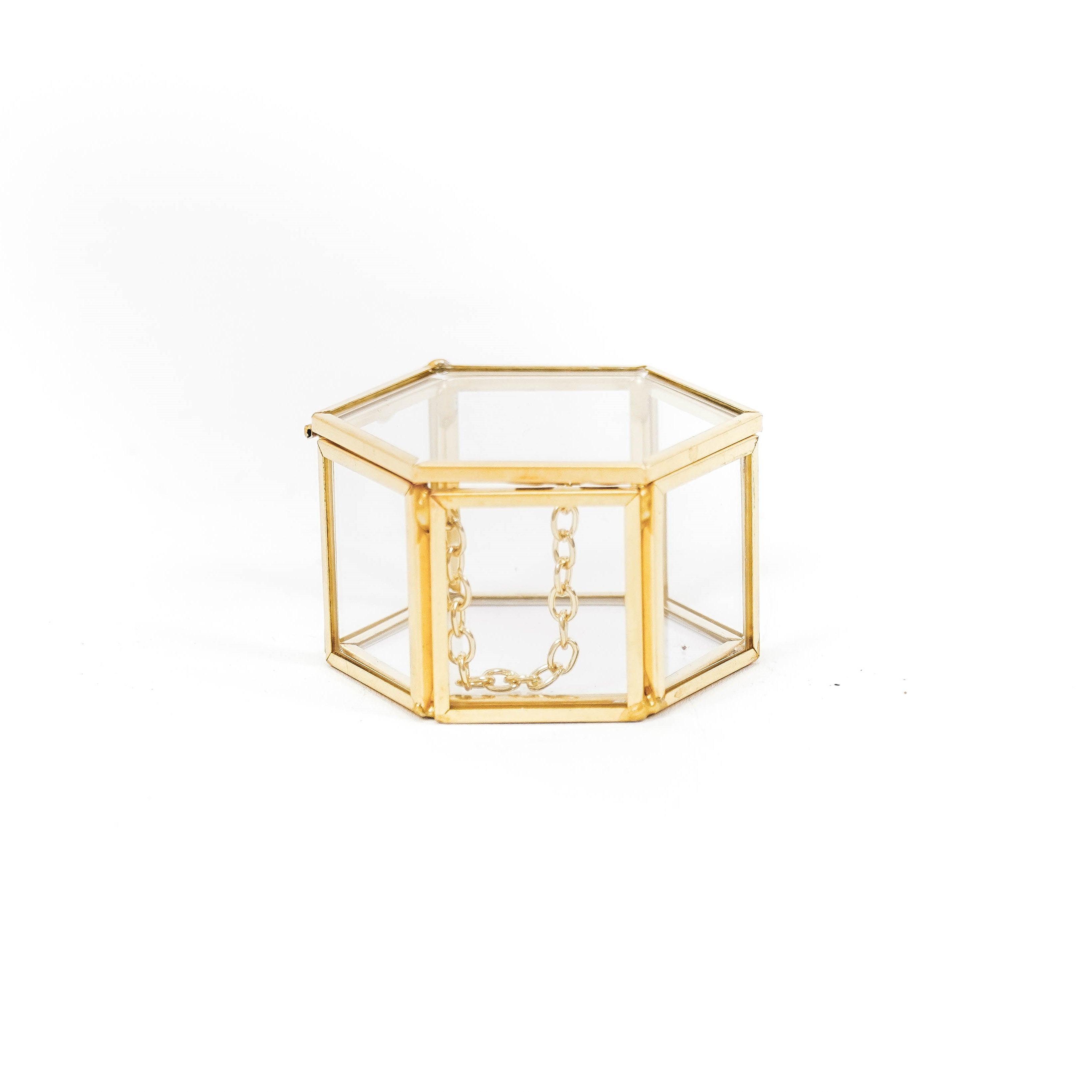 Opbergbakje -Doosje - Hexagon - Metaal/Glas - Goud - 6x5,5x3,5cm